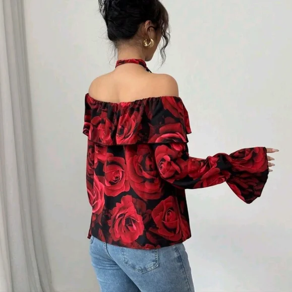 Rose Color Long Sleeve Off Shoulder Shirt With 3D Rose Design Scarf Collar - Picture 2 of 4